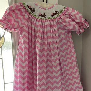 Vive la Fête Chevron print Easter smocked dress. Size 4T